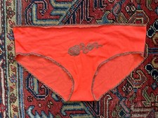 Vintage 70s Kayser Nylon Bikini Panties Sheer Neon Orange Brown Lace Sz 7 / L