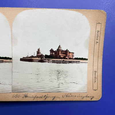 Antique Stereoview Card Gust A Johnson Sweden Building On Island Pier Water