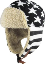 Patriotic USA Flag America Aviator Trapper Winter Hat Black & White Lined Cap