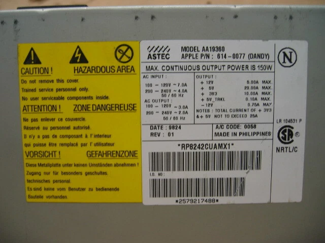 Astec AA19360 Apple P/N 614-0077 150 Watt Power Supply - Image 2 of 2
