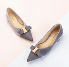 C. Paravano Metal Buckle Bow Flats Pointed Toe Velvet/Tweed Dressy Flats Gray
