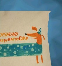 Dachshund Throw Pillow Weiner Dog Beige TEAL Happy Day 18  18"