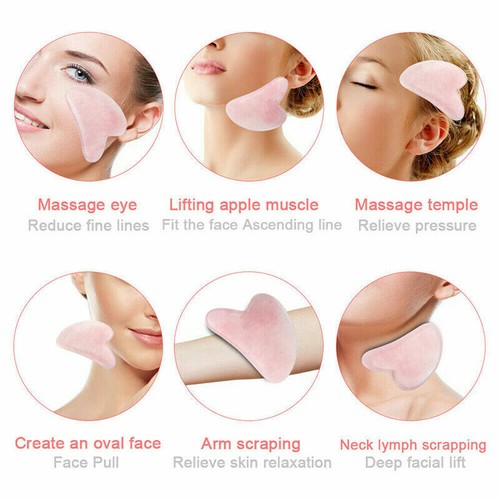 Massager Tool Set Natural Rose Quartz Jade Face Roller+Pink Heart Gua Sha Board - Picture 10 of 12