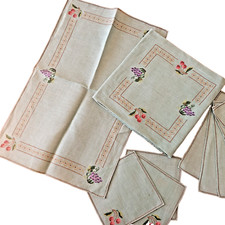 Set da Tè Vintage Lino Ricamato Punto Croce | Tovaglia 87x87 +9 Tovaglioli+To