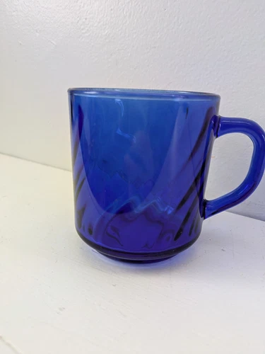 Arcoroc France Swirl Cobalt Blue Glass Coffee Mug Vintage Single Cup