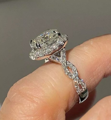 3 Ct Oval Cut Halo Twisted Band Infinity Engagement Ring For Her 14K White Gold