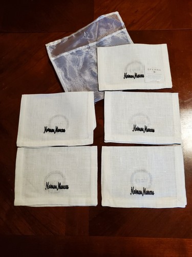 Sferra His Her Embroidered Black Linen White Cocktail Napkin Set 5 Nieman Marcus - Picture 5 of 9