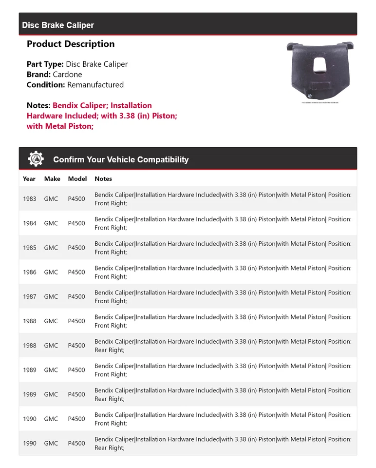 Pinza de freno de disco Cardone para GMC P4500 1983-1990 1984 1985 1986 1987 1988 1989 Foto 2 de 4