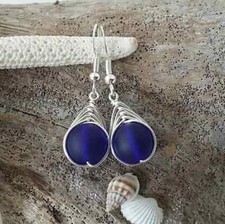 Hawaiian Jewelry Sea Glass Earrings, Braided Small Round Cobalt Blue Earrings