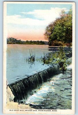 1917 Old Grist Mill Bridge Dam Falls River Framingham Massachusetts MA Postcard