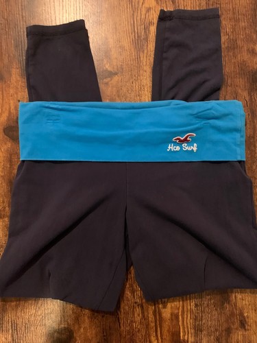 Hollister Yoga Pants Foldover Leggings Blue Embroidered Lounge Wear Y2K Large - Picture 3 of 6