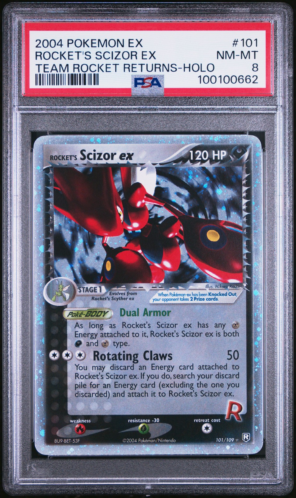 2004 POKEMON EX TEAM ROCKET RETURNS #101 ROCKET'S SCIZOR EX-HOLO PSA 8