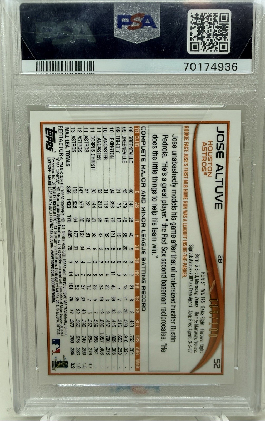 Jose Altuve 2014 Topps Chrome #52 Black Refractor #/100 Houston Astros PSA 8 MLB view 2