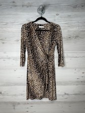 Calvin Klein Dress Womens Small Leopard Animal Print Wrap Ruched 3/4 Sleeve