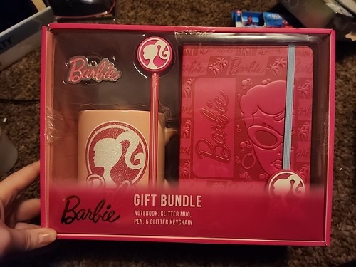 Barbie Gift Bundle With Notebook, Ceramic Glitter Mug, Pen W/Topper & Keychain - Picture 1 of 3