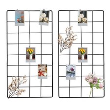 2Pcs Wire Wall Grid Panel, 16" x 8" Metal Photo Display Grid with Hook, Black