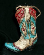 Southwestern Cowboy Cowgirl Boot Christmas Tree Ornament-Turquoise Red Tan Color