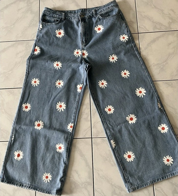Damen Jeans Blumenmuster weites Bein Five-Pocket blau mittlere Waschung XL 70cm