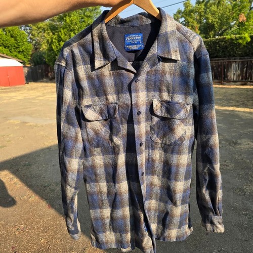 Pendleton Mens Lrg Board Shirt Jac Plaid Wool Jacket Blue Grey Shadow Plaid 1981