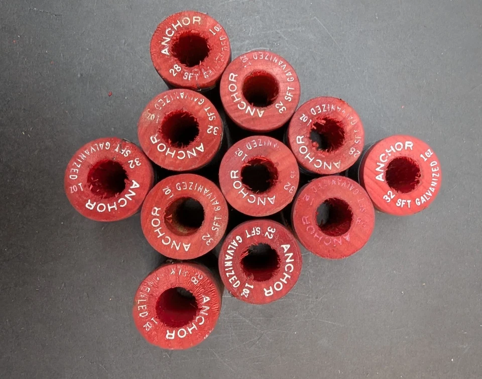 LOT OF 11 Vintage Anchor Red Spool 32 Sq. Ft. Galvanized 1 Oz 1.5 Inch - Image 4 of 4