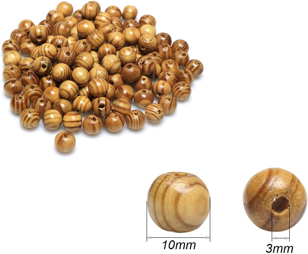 300Pcs 10mm Natural Round Striped Wood Beads Light Brown Assorted Wooden Loose S