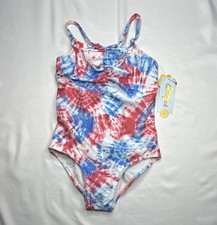 Cat  Jack Girls Red/White/Blue Tie Dye One Piece Swimsuit S 6/7 UPF 50 