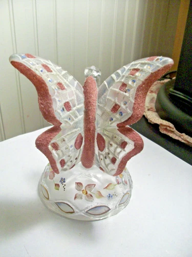 Fenton butterfly on branch clear rose pink sugar crystals H.P. flowers Sponsler