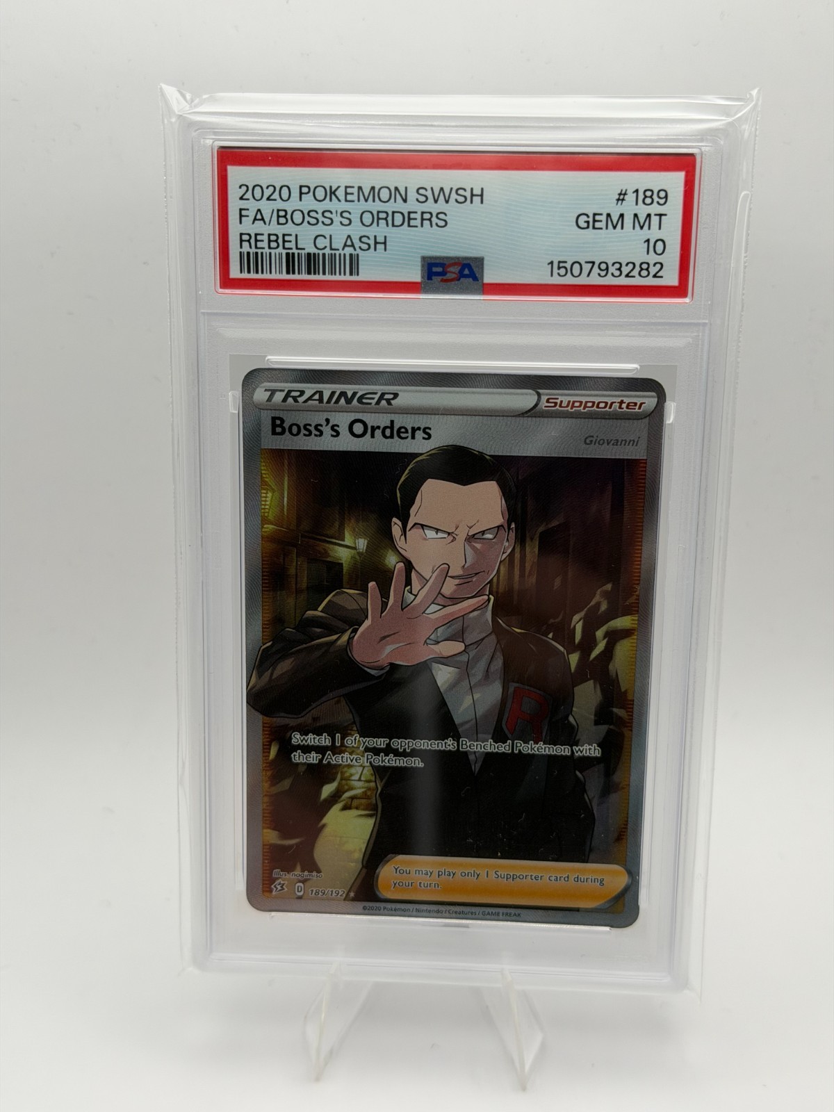 2020 POKEMON SWSH REBEL CLASH #189/192 BOSS'S ORDERS: GIOVANNI FULL ART PSA 10