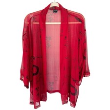 Vintage Banjara Kimono Womens 100% Silk Red Sheer Blouse Asian Art To Wear OS