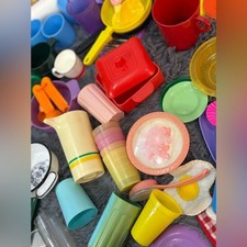 Vintage 1980s Play Kitchenware Set Colorful Toy Dishes Pots Utensils Mixed Lot