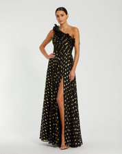 Mac Duggal 49941 Sz 10 Black Gold Polka Dot Chiffon One Shoulder Gown 498