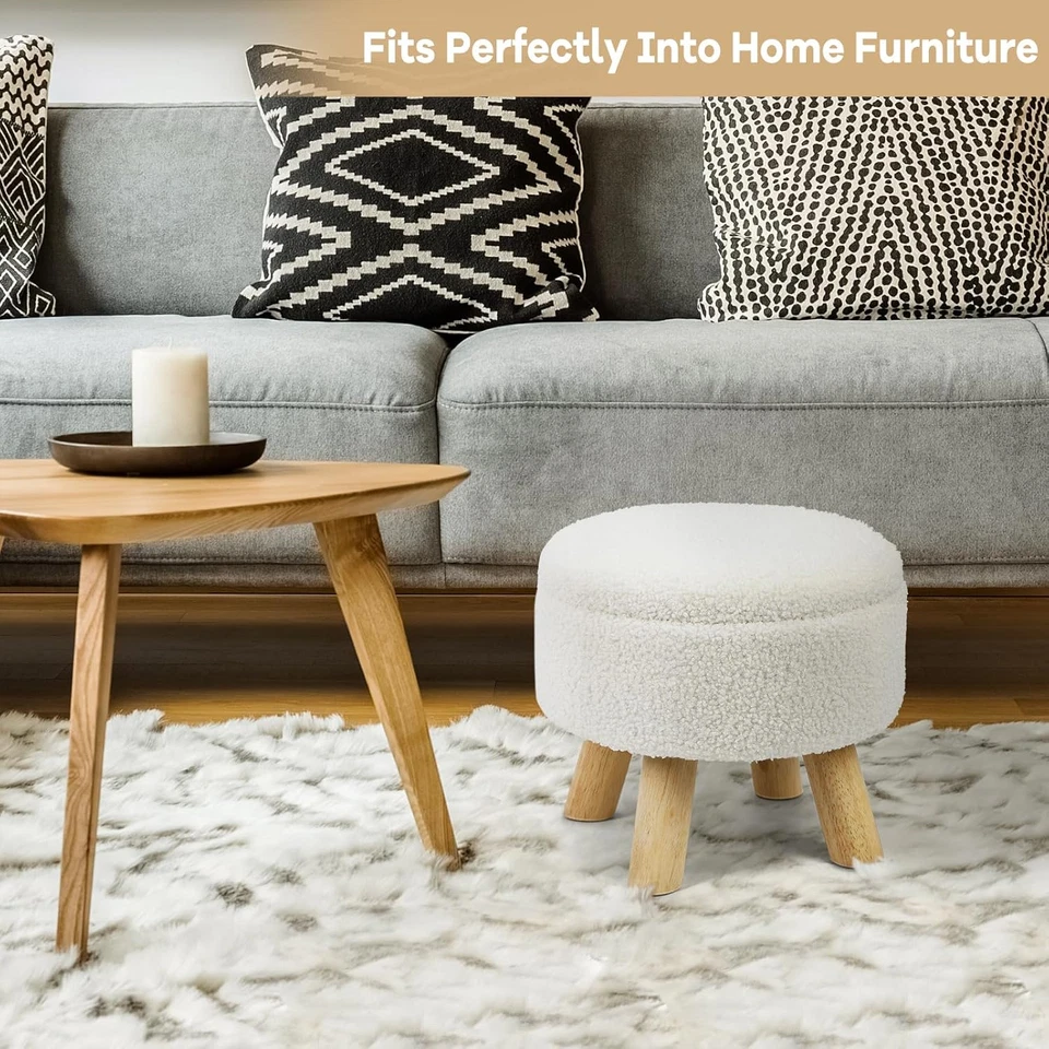 Pequeño reposapiés otomano redondo con almacenamiento, reposapiés de espuma de terciopelo (crema) Foto 4 de 4