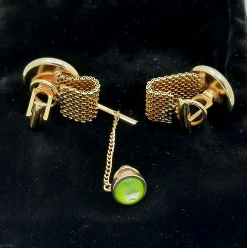 Vintage grün Cobochon Gold Netz Wickel Manschettenknopf Krawattennadel Set Nachlass Schmuck - Bild 2 von 5