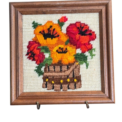 Vintage Framed Needlepoint Wall Art Poppy Floral Basket Embroidery 6x6