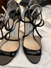 JIMMY CHOO Black Azia Patent Ankle-Strap Heel Sz 40, 10 US Elite Condition
