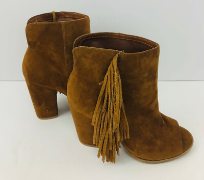 Brown Tan Suede Ankle Boots Open Peep Toe Fringe Tan Target MINT  CONDITION!