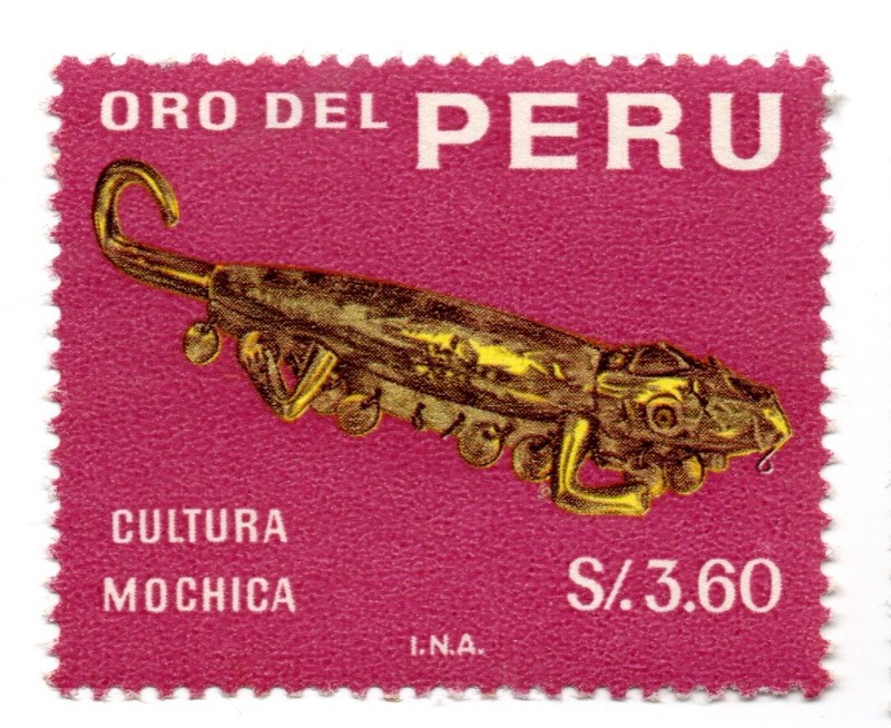 Ancient Peruvian Art, Mochica's gold crocodile, $3.60, Perú 1968, accept offer