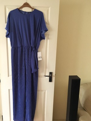 navy and white spotted jumpsuit