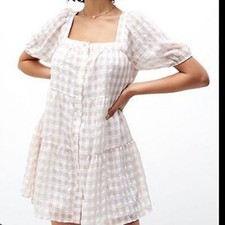 En Saison Gingham Puff Sleeve Mini Dress M White Rust Pink Tie Back Tiered Chic