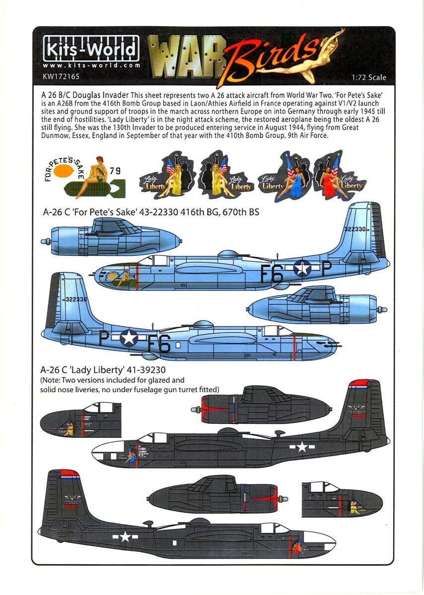 Kits World Decals 1/72 DOUGLAS A-26 INVADER For Pete's Sake & Lady