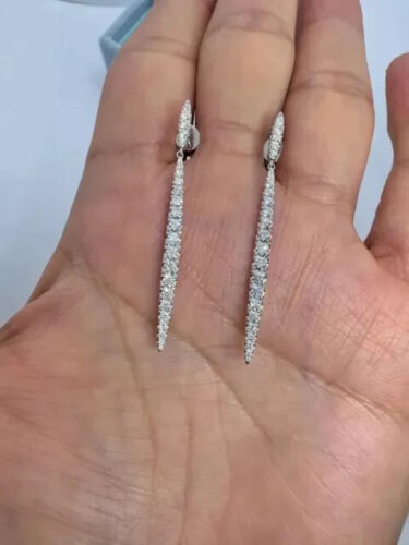 Real Moissanite 2CT Round Cut Dangle Earrings 14K White Gold Plated Silver - Picture 2 of 7