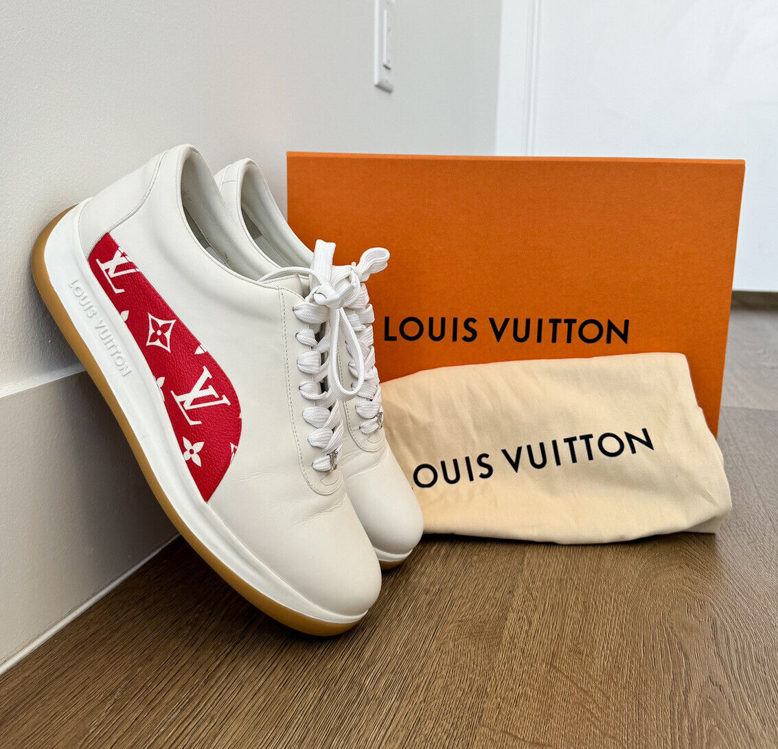 Pristine Louis Vuitton x Supreme RARE White/Red Monogram Logo Men Sneakers 9.5US