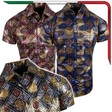 Mens Short Sleeve Shirt Italian Leaf Floral Shiny Foil Stretch Slim Fit Button