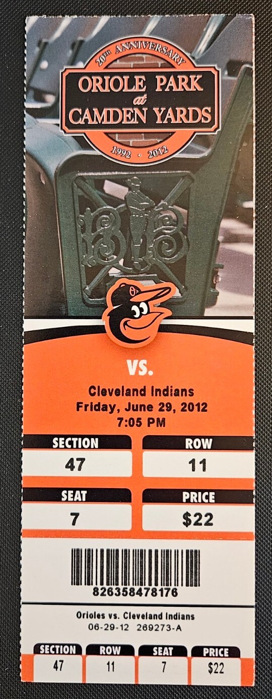 Baltimore Orioles Cleveland Indians Baseball Ticket 6/29 2012 Xavier
