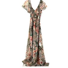 Eliza J Gray/Pink Floral Maxi Dress | V-Neck and Cap Sleeve Detail