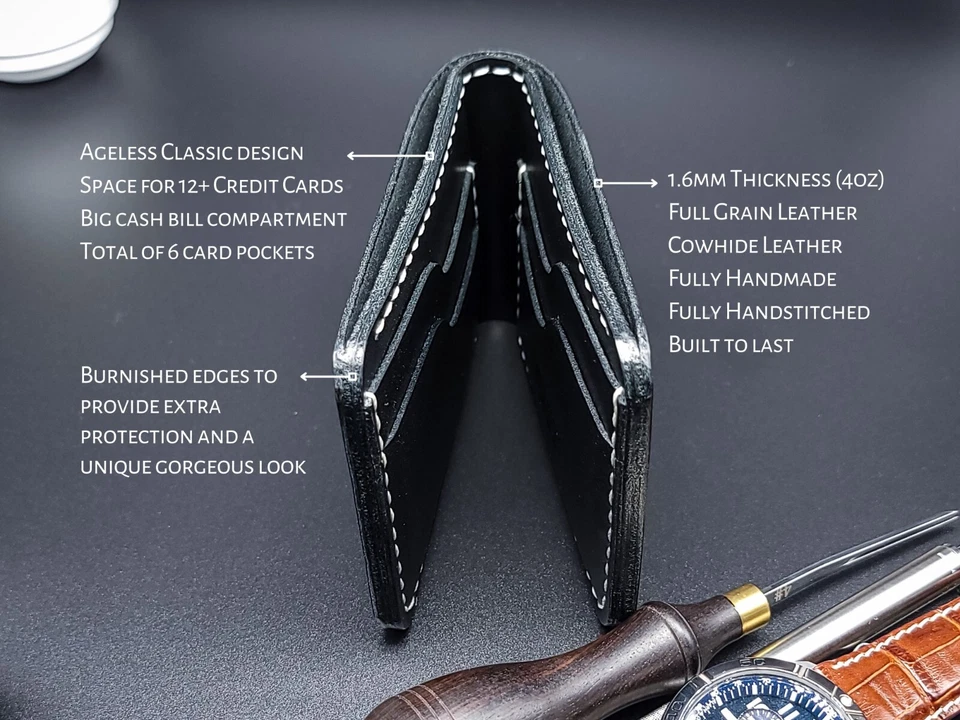 Classic Black Leather Wallet for Men Handcrafted Premium Quality Leather Gift - Image 3 of 4