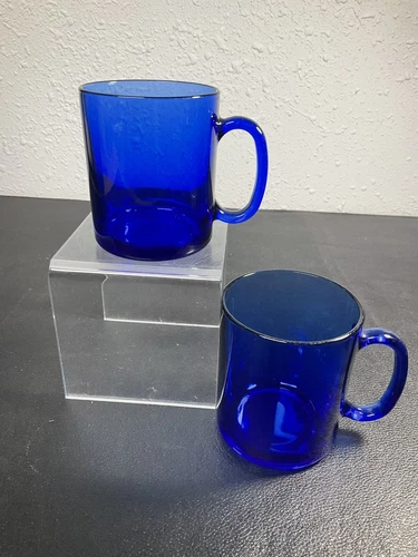 (2) Vintage Arcoroc France Cobalt Translucent Blue Glass Coffee Mugs Cups