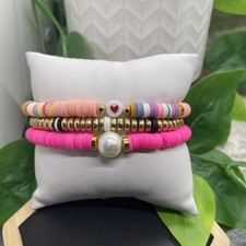 3 PC Set Heishi 7 Plus Stretch Bracelet Polymer Clay Beads Pearl B8135