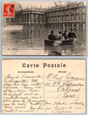 1910 Paris Flood RPPC - Deputy Arrives by Boat, Palais Bourbon