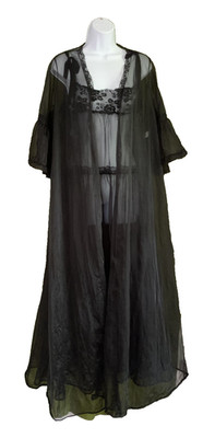 Vtg Nylon Sheer Lace Ruffle Tiered Nightgown + Robe Peignoir Fairy Grunge Sz L